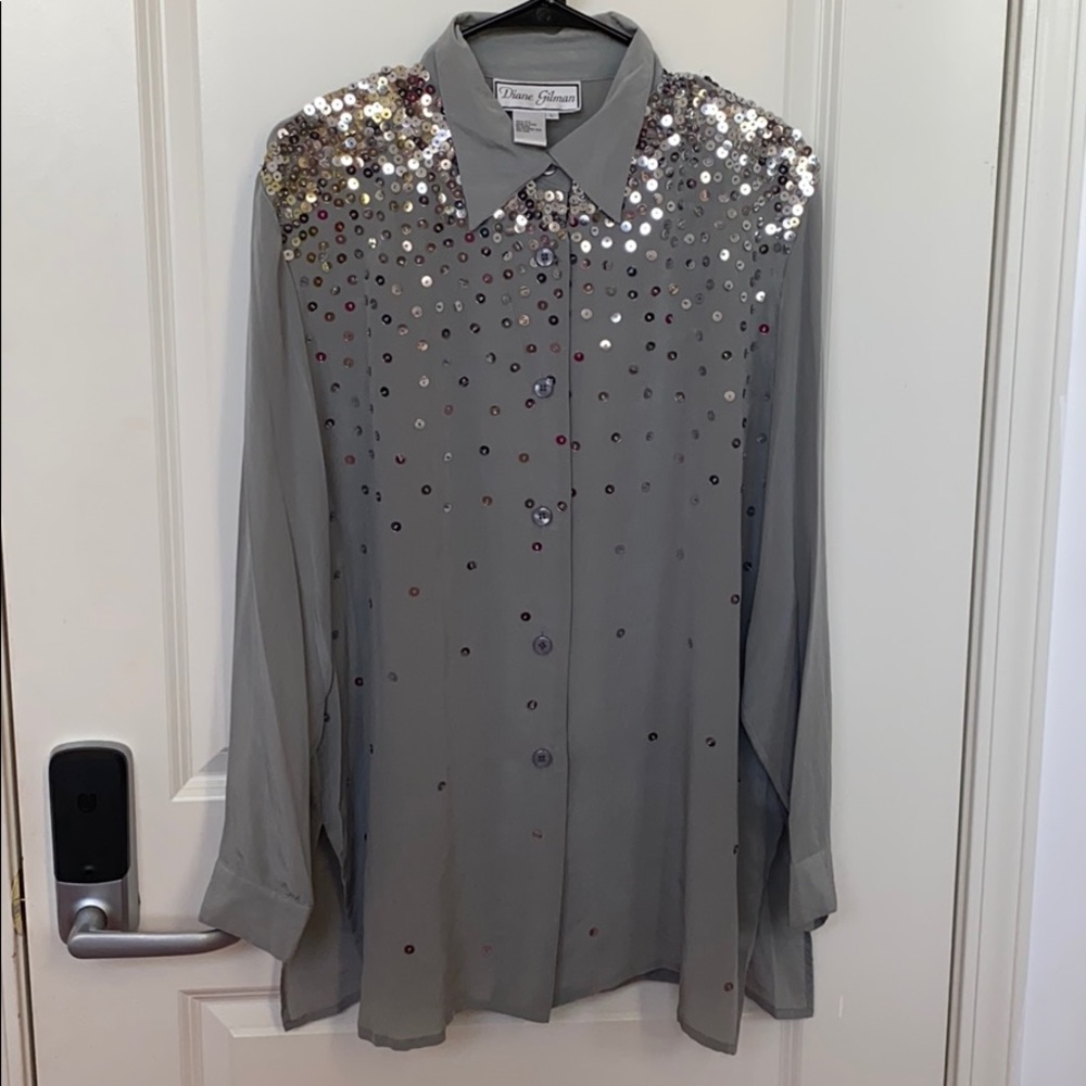 DIANE GILMAN Gray sequin button down blouse